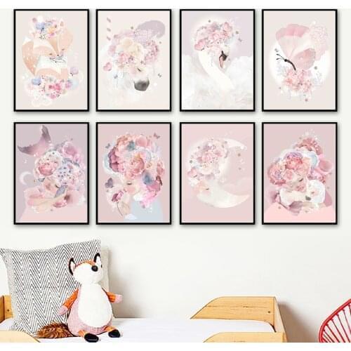 Pink Moon Fox Horse Swan Butterfly Girl Flower Wall Art Canvas Painting Nordic Posters And Prints Wall Pictures Kids Room Decor