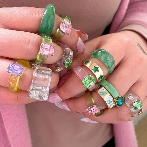 New Geometry Irregular Round Resin Ring Set for Women Colorful Rhinestone Chunky Acrylic Rings Fashion Wedding Jewelry Gifts