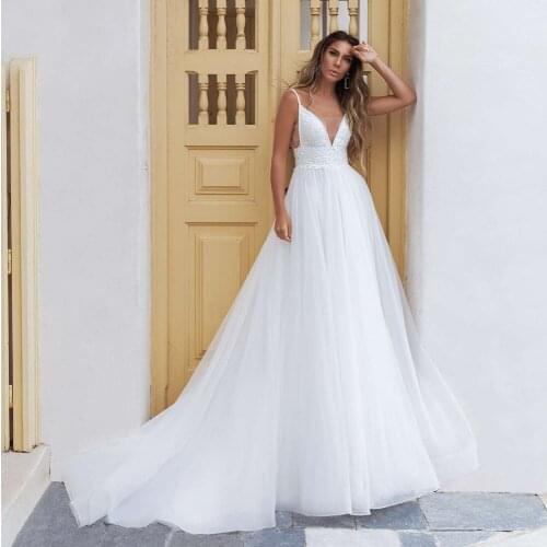 Sexy Wedding Dresses Spaghetti Straps V Neck Beading Applique A Line Bride Dress Tulle White Ivory Bridal Gown