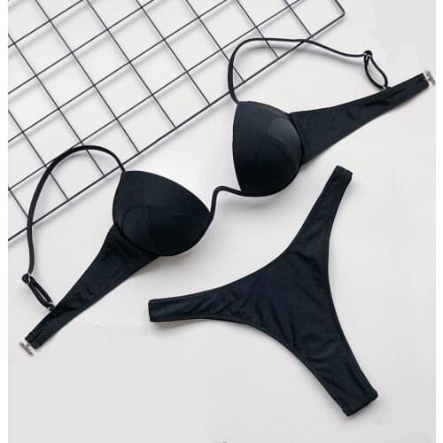 Sexy V-bar Underwired Bra Push Up Bikini Women Swimwear Female Thong Bra Two-pieces Swimsuit Bathing Suit Swim