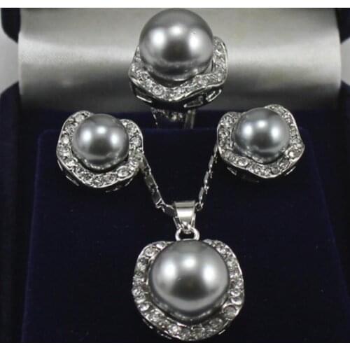 Crystal grey Shell Pearl Earring Pendant Ring Jewelry Set 18K silver plated wedding