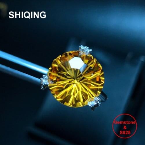 SHIQING VSS grade citrine ball shaped yellow topaz big stone 15*15mm sterling silver gemstone ring for wedding new arrival