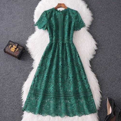 Spot Goods 2021 Summer New Womens Clothes Fashion Dress Temperament Crew Neck Lace Hollow Pleated Large Swing Dress 86353