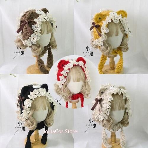 Mori Girl Kawaii Bear Ear Lace Trim Bowknot Knitted Hat Korean Sweet Retro Autumn Winter Warm Lolita Lovely Earmuffs Cap Student