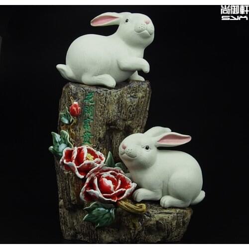 Shiwan doll designer boutique blossoming new Chinese modern animal rabbit Home Furnishing ceramic ornaments accessories