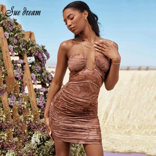 Vintage Print Halter Backless Bodycon Mini Dress 2021 Summer Women Sexy Celebrity Club Party Dress Vestido