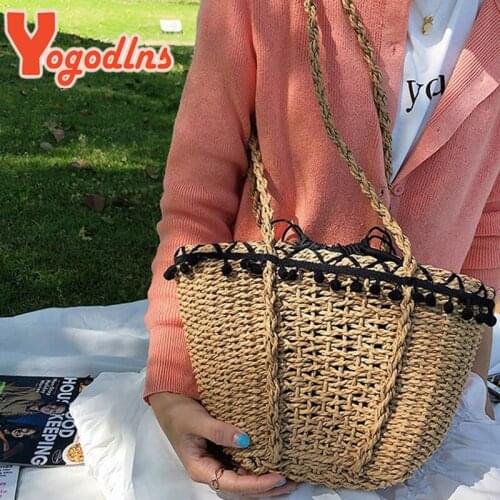 Yogodlns Bohemia Straw Shoulder Bag Women Big Capacity Handmade Woven Bucket Bag Knitting Rattan Handbag Tassel Beach Bag Bolsa