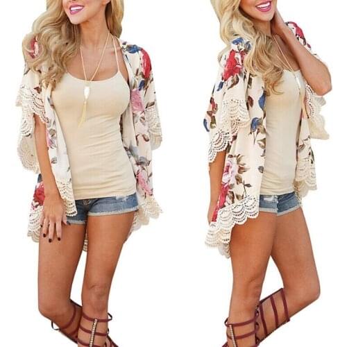 Women Summer Beach Bikini Cover up Loose Lace Chiffon Shawl Cardigan Tops Floral Printed Monokini Swimsuit Swimwear