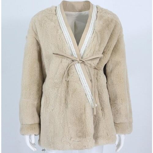 MENINA BONITA Winter Jacket Women Real Fur Coat Rex Rabbit Fur Belt Pearl Genuine Leather Thick Warm V Neck Streetwear Outerwear