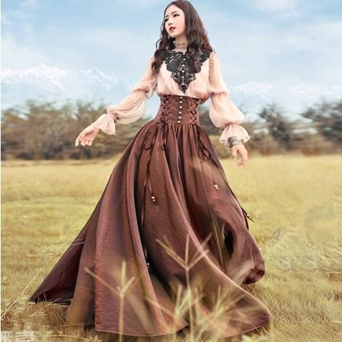 Autumn Original Design Winter Women Vintage Royal Wind High Waist Drawstring Expansion Bottom Maxi Long Skirt