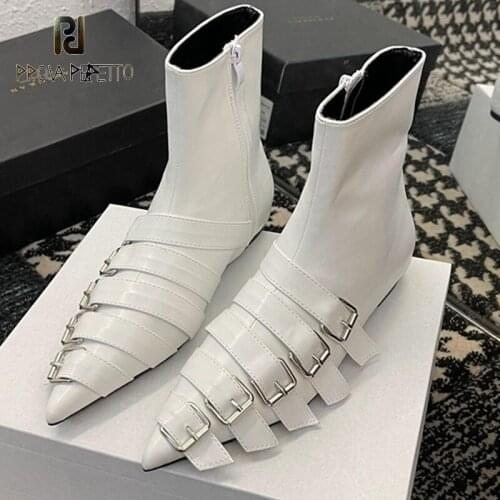 Autumn New Style Belt Buckle Decoration Pointed Flat Ankle Boots Wild British Style Side Zipper Chelsea Boots Martin Boots Women