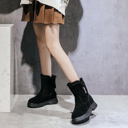 2019 Winter Shoes Women Platform Fashion Brand Real Leather Warm Snow Boots Flock Long Plush Female botas mujer Fur Boots Black