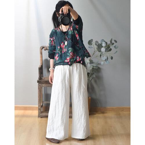 Women Loose Elastic Waist Solid Color Linen Wide Leg Pants Ladies Vintage Flax Wide Leg Trousers Female 2020 Pants