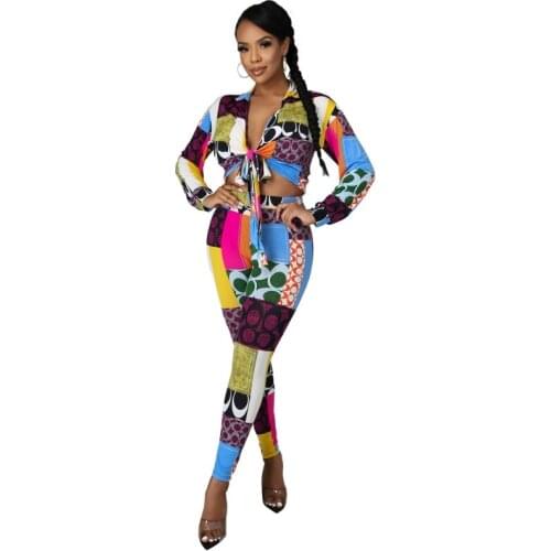 2 Piece Set Spring Autumn Women Sexy Print Long Sleeve Shirt Blouse Top And Pants Sets Outfits Tight Fashion Vintage Streetwear