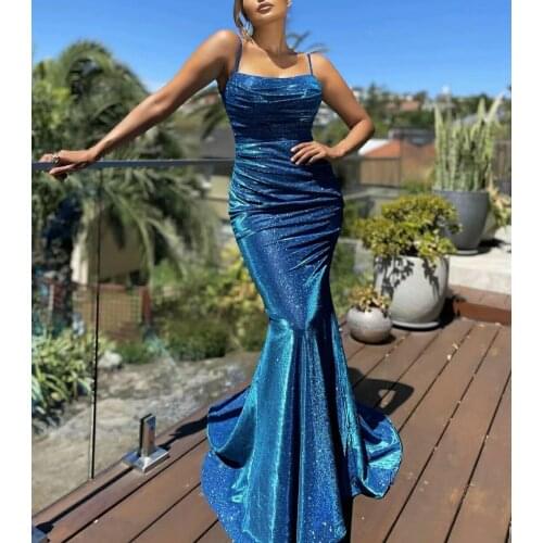 Elegant Glitter Spaghetti Strap Mermaid Peacock Blue Prom DressesSweep Train Backless Abendkleider Robes de Soirée for Women