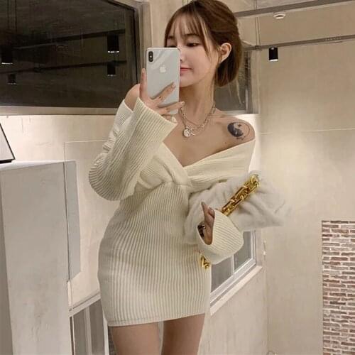 Lady Temperament All-match Apricot Knit Dress Fashion Plus Size 4XL Womens Sexy Strapless V-neck Slim Slimming Buttocks Dress