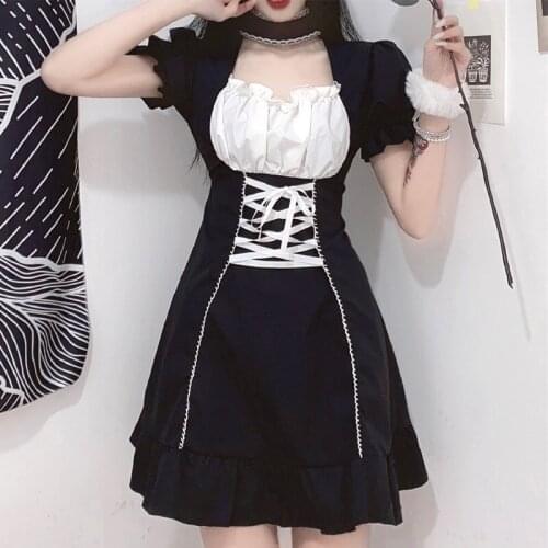 Women Dark Punk Gothic Dress Square Neck Puff Sleeve Summer Harajuku Lolita Dress Party Streetwear Kawaii Plus Size Maid Dress