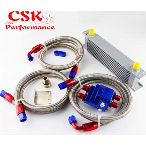 10 Row 248mm AN8 Universal Engine Transmission Oil Cooler British Type + Filter Adapter Kit Black/Blue