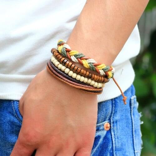 4pcs/set 2021 Handmade Boho Gypsy Hippie Brown Yellow Green Rope Cord Beige Wood Bead Charm Stacked Wrap Layers Men Bracelets