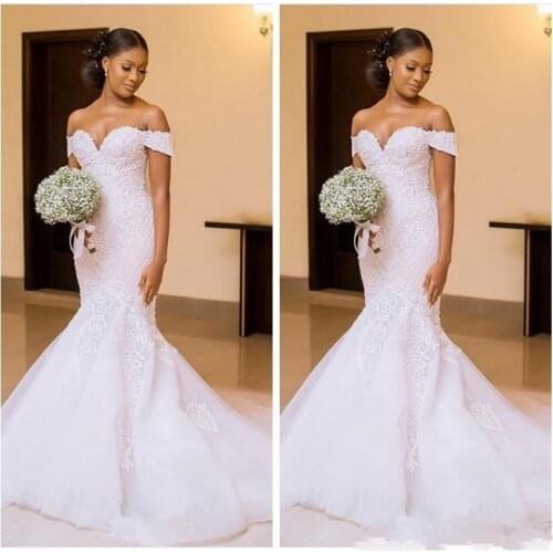 African Women Mermaid Wedding Dresses Bridal Gowns Off Shoulder Lace Appliques Slim Beautiful Ladies Vestidos