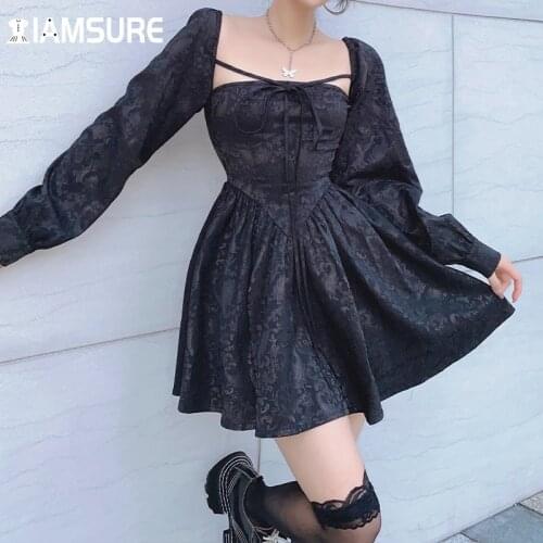 IAMSURE Floral Pattern Black Dress Hollow Out Vintage Slim Backless Square Collar Long Sleeve Mini Dresses For Women 2021 Ladies