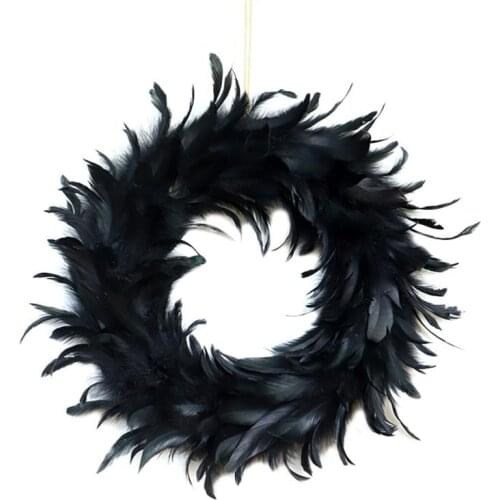 Halloween Artificial Feather Wreath Black Feather Front Door Hanging Garland Wreath Horror Props For Window Fireplace Decoration