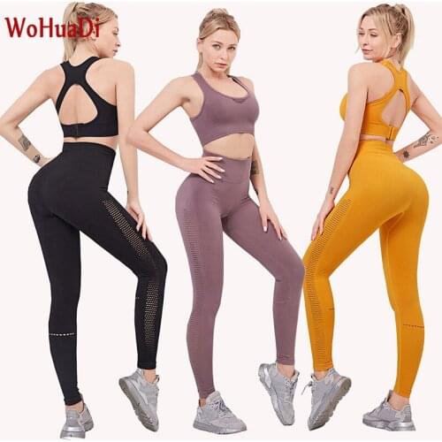 Seamless Sport Bra Set Women Two Piece Crop Top vest Leggigngs Workout Outfit Hollow Out Fitness Gym Suit Sport Wear Yoga Sets