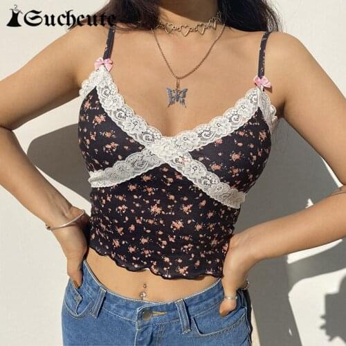 SUCHCUTE y2k Aesthetic Lace Patchwork Crop Tops For Women Summer Streetwear E Girl 90s Outfits Small Flower Print Tank Tops