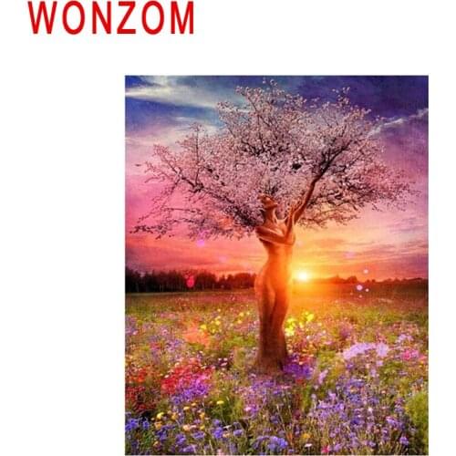 WONZOM Sunset Grassland Diy Painting By Number Girl Tree Oil Painting Cuadros Decoracion Acrylic Paint On Canvas Modern Wall Art