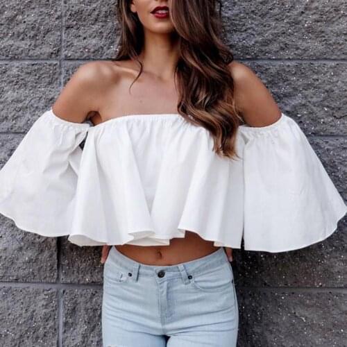 New Fashion Women shirts Sexy Solid Color Short Sleeve Flare sleeve Off Shoulder Ruffled Hem Crop Top shirts Cropped Blouse