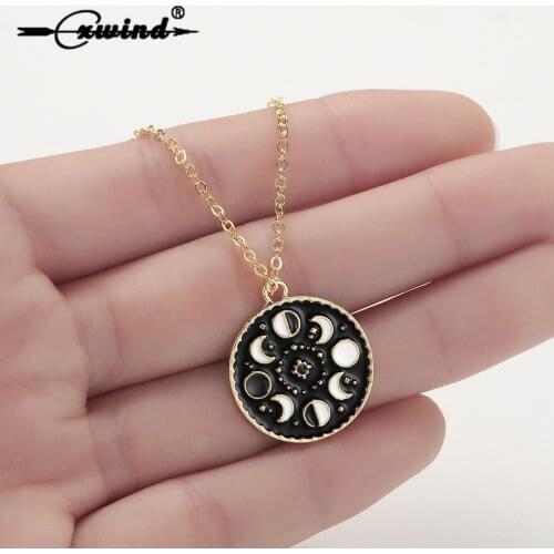 Cxwind Fashion Moon Phase Necklace Lunar Phases Jewelry Statement Abstract Geometric Metal Crescent Moon Pendant Necklace colar