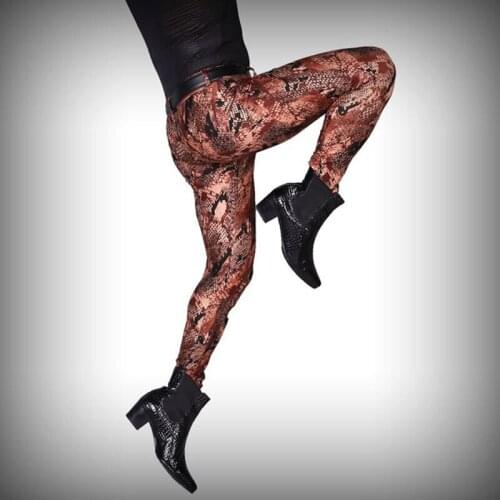 Sexy Men Plus Size Fashion Camo Tactical Feet Pants Hair Stylist Snake Leopard High Eelastic Tight Leg Pants Gay Wear F81
