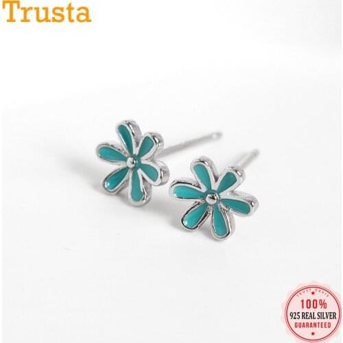 ElfoPlataSi Genuine 925 Sterling Silver Fashion Sweet Glaze Flower Charm Stud Earring For Women Best Friend Fine Jewelry DA2185