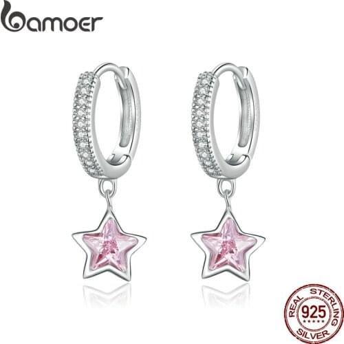 Bamoer 925 Sterling Silver Jewelry Dazzling Pink Star CZ Light Stud Earrings for Women Girls Gift Statement Jewelry BSE414
