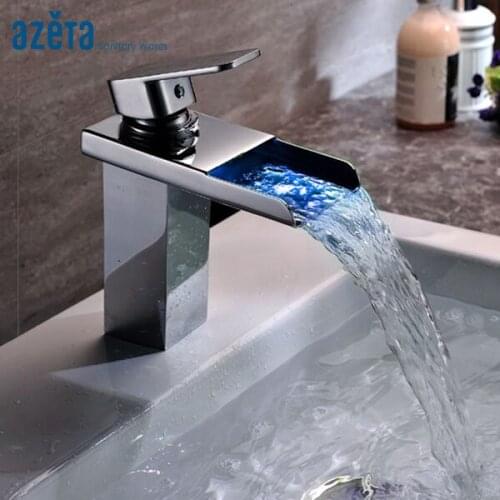 LED Color Change Bathroom Waterfall Basin Tap Square Chrome Deck Mounted Cold and Hot Water Basin Faucet AT4006D