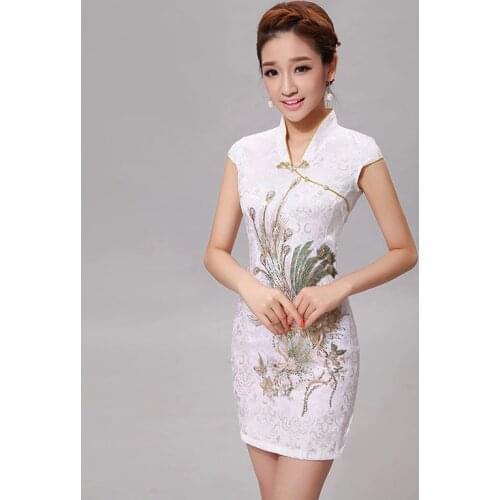 Silm Woman Chinese Traditional Dress Female Vintage Cheongsam Clothing for Evening Party Short Chinese Ancient Qipao 89