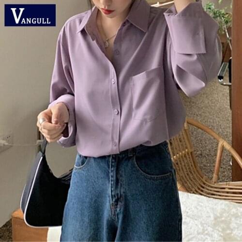 Vangull Vintage Purple Shirts Blouses Women Autumn Turn-down Collar Single-breasted Long Sleeve Shirts Female Tops Blouse 2020