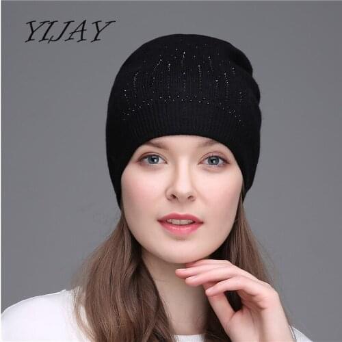 Thick wool knitting folds caps fashion autumn winter warm hats for women rhinestone skullies beanies hat female besnie