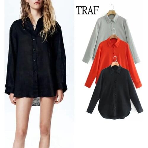 TRAF Za Womens Shirt 2021 Spring Linen Long Sleeve Top Black Shirts Woman Fashion Button Elegant Women Bloues Office Chic Tops