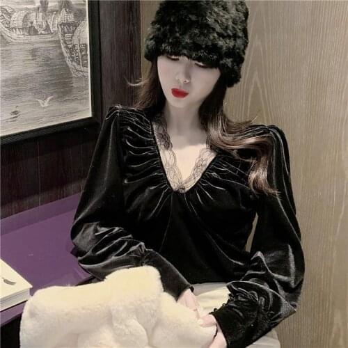 Blouse Women Gold Velvet Womens Autumn and Winter 2020 Lace Shirt Sexy V-neck Top Blusas Ropa De Mujer