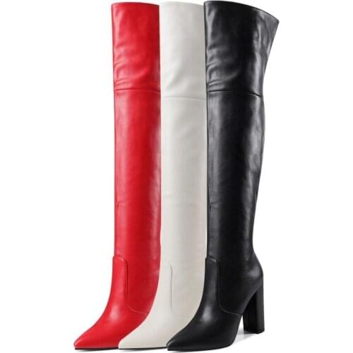 OLOMLB Womens PU Leather Over The Knee Thigh Boots Block Heel Pointed Toe Warm Winter Fleece Liner Shoes Plus Size 34-43