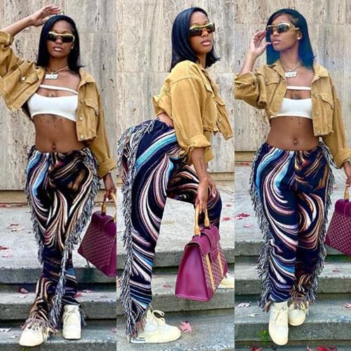 Side Tassels Patchwork Striped Print Jogger Pant Women Rave Festival Clothing 2021 Fashion Casual High Waist Bodycon Sweat Pants