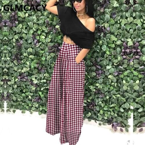 Women High Waist Houndstooth Pants Chic Wide Leg Trousers