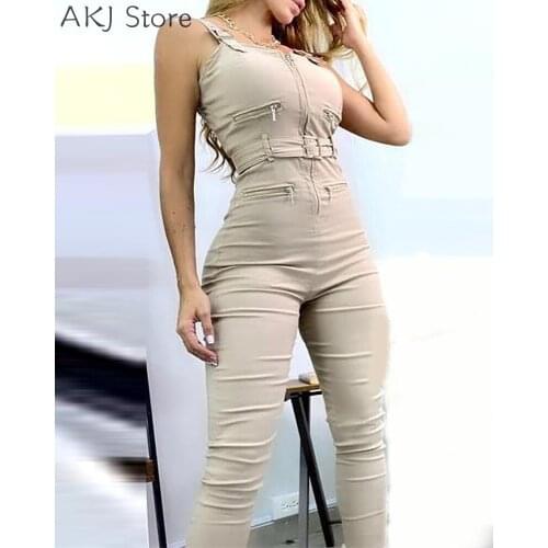 Women Skinny Jumpsuit Solid Color Square Collar Buckled Zipper Pocket Design Sleeveless Romper Overalls