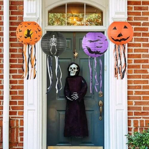 1/2pcs 20cm Halloween Hanging Lantern Portable Paper Hanging Ball with Streamer Pumpkin Spider Bat Witch Pattern Decor Supplies