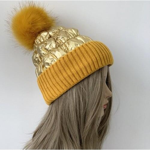 2020 Waterproof Winter Hat Knitted Beanie Hat Faux Fur Pom Fleece Lined Warm Beanie Hats For Women Down Fabric Bonnet Femme Cap