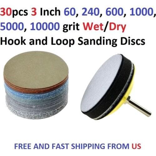 30Pcs 3in Wet/Dry Sanding Discs Rust Paint Removal Grinder Sand Paper with Shank Sanding Pad & Soft Foam Buffering Pad