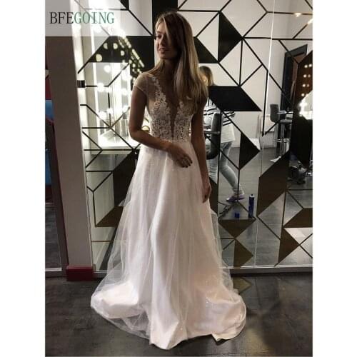 Ivory Tulle Shiny Lace Cap Sleeves Bridal Gown Floor-Length A-Line Wedding Dress Sweep Train Custom Made