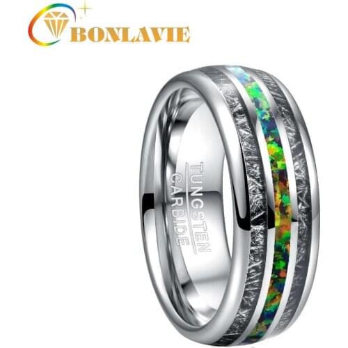 BONLAVIE 8mm Silver Color Stone Mens Ring Inlaid Black Meteorite Green Opal Wedding Band Engagement Ring Tungsten Carbide Ring