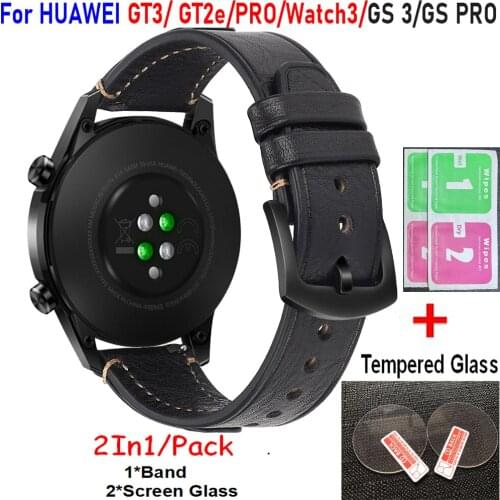 Bracelet For Huawei watch GT2e/GT2 PRO Amazfit GTR 47mm Band 22mm Leather Strap for Honor GS Pro Watch Screen Tempered Glass